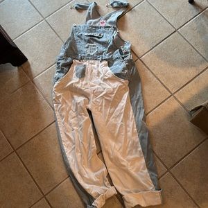 Blue and white denim overalls